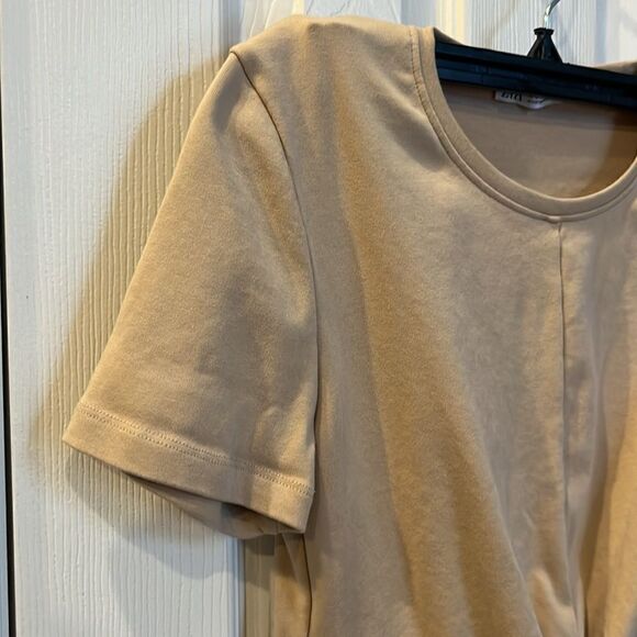 ZARA Tan Short Sleeve Cropped Cotton Blend Top with Front Knot Accent- Large - Picture 4 of 13